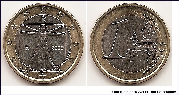1 Euro
KM#250
7.5000 g., Bi-Metallic Copper-Nickel center in Brass ring, 23.2 mm. Obv: Male figure drawing by Leonardo da Vinci Obv. Designer: Laura Cretara Rev: Relief map of Western Europe, stars, lines and value Rev. Designer: Luc Luycx Edge: Reeded and plain sections