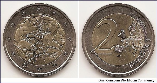 2 Euro
KM#301
8.5200 g., Bi-Metallic Brass center in Copper-Nickel ring, 25.7 mm. Subject: Declaration of Rights Obv: The coin depicts a man and a woman with an olive branch, an ear of corn, a cogwheel and some barbed wire – symbols of the right to peace, food, work and freedom respectively. The monogram of the Italian Republic ‘RI’ is placed between the two figures, as is the year of issue ‘2008’. At the bottom of the image are the links of a chain forming the number ‘60’ and the inscription ‘DIRITTI UMANI’ (human rights). The initials ‘MCC’ of the artist Maria Carmela Colaneri and the mint mark ‘R’ are shown on the right. The outer ring of the coin depicts the 12 stars of the European Union. Obv. Designer: Maria Colanieri Rev: Relief map of Western Europe, stars, lines and value Rev. Designer: Luc Luycx Edge: Reeded Edge Lettering: 2's and stars