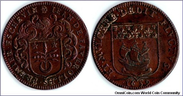 copper jeton issued for Jean de Faverolles, Sherrif of Paris and Receveur Generaux des Pauvres
