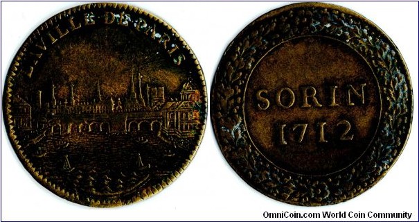 copper jeton issued for an unknown administration or guild. City view of Paris obverse.