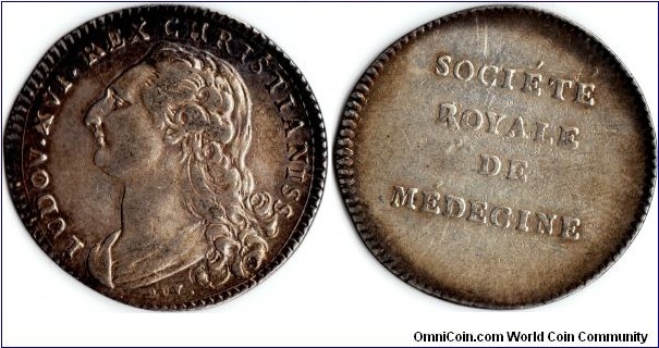 silver jeton issued for the Societe Royale de Medecine established under Louis XVI in 1778 