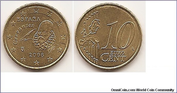 10 Euro Cent
KM#1070
4.0700 g., Brass, 19.7 mm.   Ruler: Juan Carlos I Obv: Cervantes Rev: Relief map of Western Europe, stars, lines and value Edge: Reeded