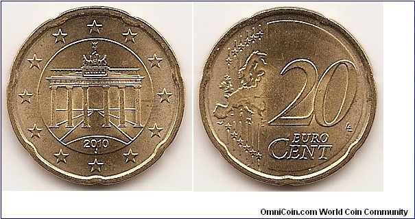 20 Euro Cent
KM#255
5.7300 g., Brass, 22.2 mm.   Obv: Brandenburg Gate Obv. Designer: Reinhard Heinsdorff Rev: Relief map of Western Europe, stars, lines and value Rev. Designer: Luc Luycx Edge: Notched