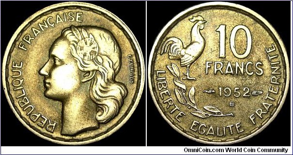 France - 10 Francs - 1952 - Weight 3,0 gr - Aluminum / Bronze - Size 20 mm - President / Vincent Auriol (1947-54) - Designer / Georges Guiraud - Mint Mark B = Beamount-Le Roger - Chief Engraver / Lucien Georges Bazor - Edge : Plain - Mintage 72 346 000 - Reference KM# 915.2 (1952-58)