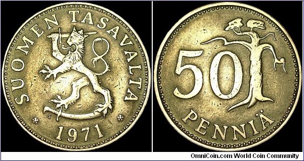 Finland - 50 Pennia - 1971 - Weight 5,5 gr - Aluminum / Bronze - Size 25 mm - Designer / Peippo Uolevi Helle - President / Urho Kekkonen (1956-82) - Edge : Reeded - Mintage 10 003 000 - Reference KM# 48 (1963-90)