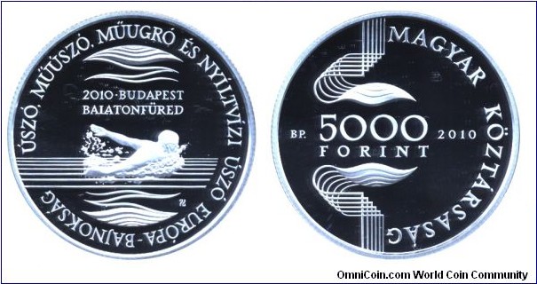 Hungary, 5000 forint, 2010, Ag, 38.61mm, 31.46g, European Swimming Championship Budapest.