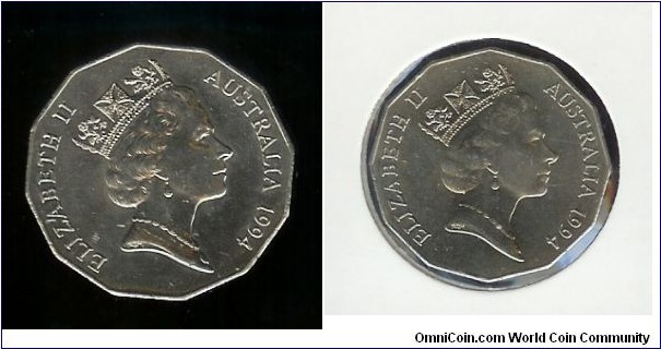 1994 fifty cent coins. Type 1 (left) has normal date compared to Type 2 (right) which has a 'wide date' 
