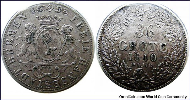 36 Grote (1/2 Thaler) Bremen, 8,77 g, .986 Silver , 2780 oz 