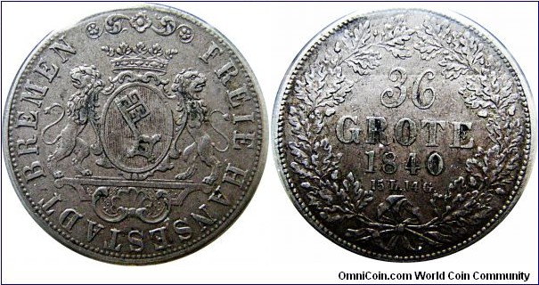 36 Grote (1/2 Thaler) Bremen, 8,77 g, .986 Silver , 2780 oz 