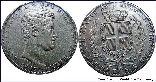 5 Lire Sardinia P- Anchor , 25 g., .900 Silver, .7234 oz. 