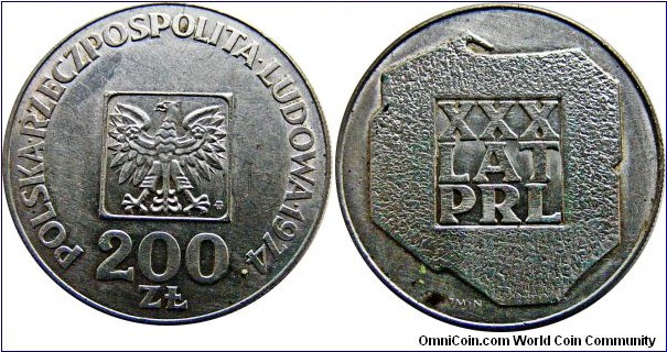 200 Zlotych 30th Anniversary- Polish Peoples Republic , 14.47 g., .625 Silver , .2907 oz. 