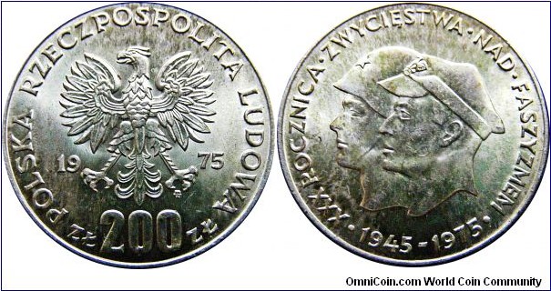 200 Zlotych, 30th Anniversary - Victory Over Fascism (MW) , 14,47 g., .750 Silver, .349 oz 