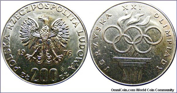 200 Zlotych (MW), XXI Olympics - Rings and Torch, 14,47 g., .625 Silver, .2907 oz 