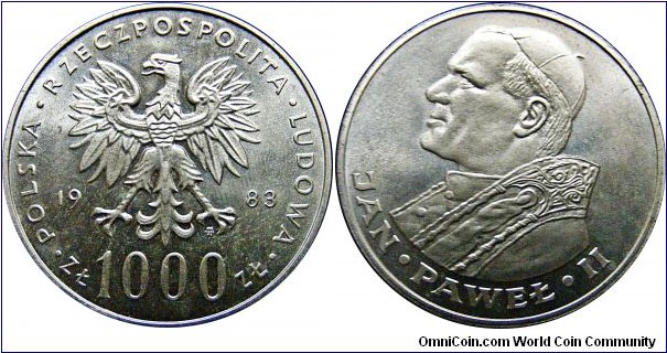 1000 Zlotych Visit of Pope John Paul II (MW) , 14,5 g., .750 Silver , .3497 oz 