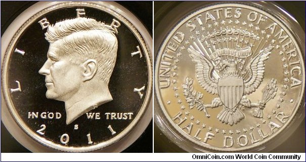 Kennedy Half.  Lovely version of this coin.  Generally only available in collectors sets.  Rarely found in circulation
