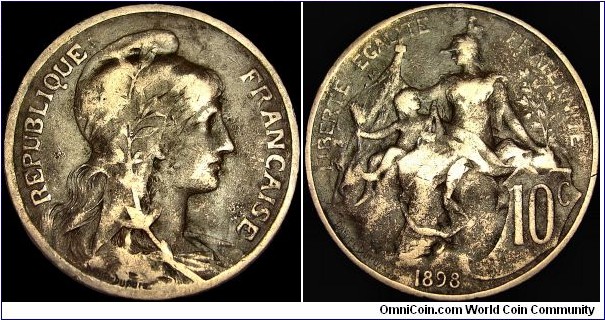 France - 10 Centimes - 1898 - Weight 9,7 gr - Bronze - Size 30 mm - Alignment / Coin (180°) - President / Félix Faure (1895-1899) - Engraver / Jean-Baptiste Daniel Depuis (1849-1899) - Edge : Plain - Mintage 4 000 000 - Reference KM# 843 (1898-1921)