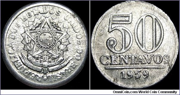 Brazil - 50 Centavos - 1959 - Weight 1,83 gr - Aluminum - Size 21,07 mm - Alignment / Coin (180°) - President / Juscelino Kubitschek (1956-61) - Edge : Plain - Mintage 32 891 000 - Reference KM# 569 (1957-61)