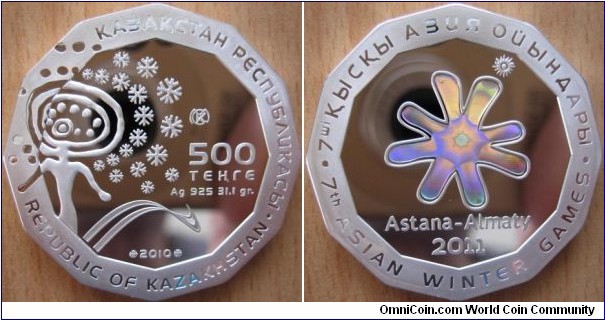500 Tenge - 7th asian winter games - 31.1 g Ag .925 Proof (with hologram) - mintage 13,000