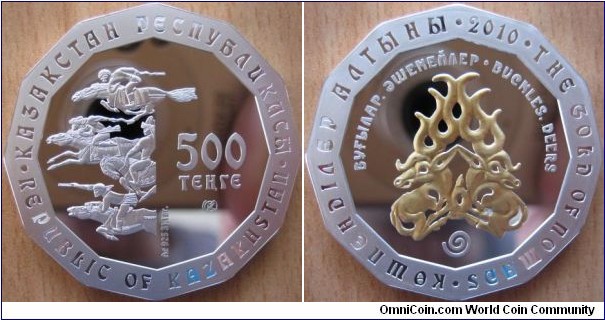 500 Tenge - Buckles deers - 31.1 g Ag .925 Proof (partially gold plated) - mintage 5,000