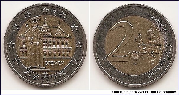 2 Euro
KM#285
8.5200 g., Bi-Metallic Brass center in Copper-Nickel ring   Obv: Bremen town hall and statue Obv. Inscription: BREMEN Rev: Denomination over map