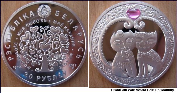 20 Rubles - My Love - 28.28 g Ag .925 Proof (with rose  corundum) - mintage 15,000