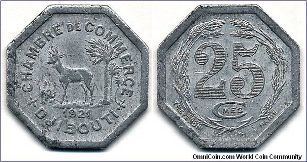 Emergency coins 25 Centimes, issued by the Djibouti Chamber of Commerce. Some typical light surface corrosion spots, otherwise nearly extremely fine to extremely fine with luster. Reverse better. 
