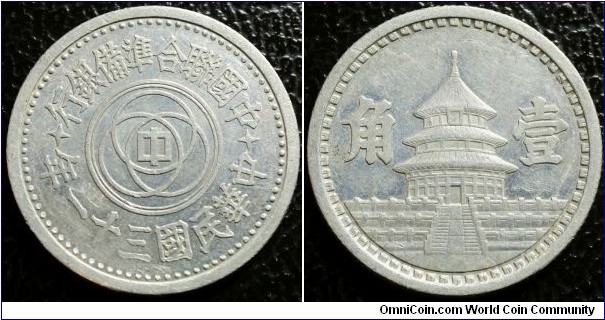 China 1942 1 jiao. Issued by Federal Reserve Bank of China. Minor proof like surface. Weight: 1.2g. 