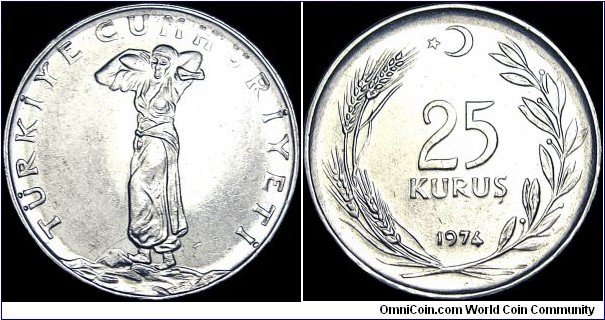 Turkey - 25 Kurus - 1974 - Weight 4,0 gr - Stainless steel - Size 22,4 mm - Alignment : Coin (180°) - President / Fahri Korutürk (1973-80) - Edge : Waves-reeding and T.C - Mintage 16 602 000 - Reference KM# 892.3 (1966-78)