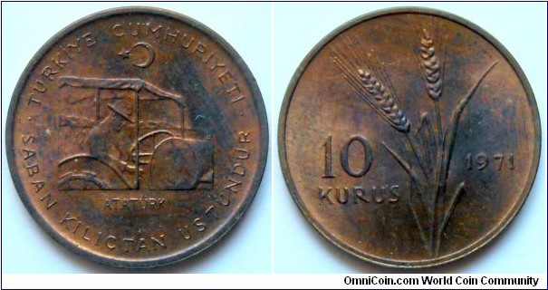 10 kurus.
1971, Bronze. F.A.O. issue.