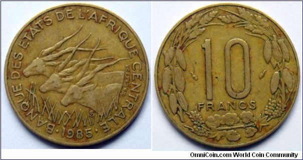 10 francs.
1985, Central African States.