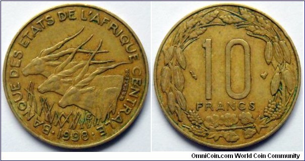 10 francs.
1998, Central African States