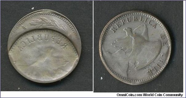 20 Centavos no date silver partial counterbrockage