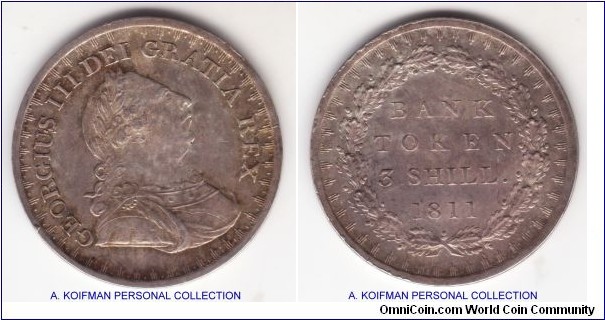 KM-Tn4, 1811 Great Britain Bank of England 3 shilling token; silver, plain edge; first type, George III armored bust, very nice, about uncirculated toned