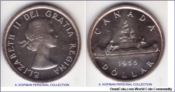 KM-54, 1955 Canada dollar; silver, reeded edge; proof like uncirculated, few bag marks that would probably make it MS-62 or so; two short water lines and almost invisible third one
