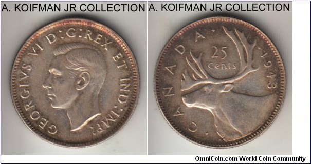 KM-35, 1943 Canada 25 cents; silver, reeded edge; George VI, common year, toned average uncirculated or almost.