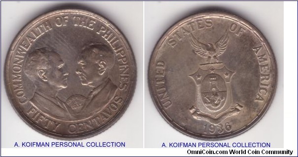 KM-176, 1936 Philippines Commonwealth with the USA; silver, reeded edge; commemorative issue for the establishment of the Commonwealth with the USA, mintage 20,000 rather scarce; appears to be about uncirculated but possibly cleaned