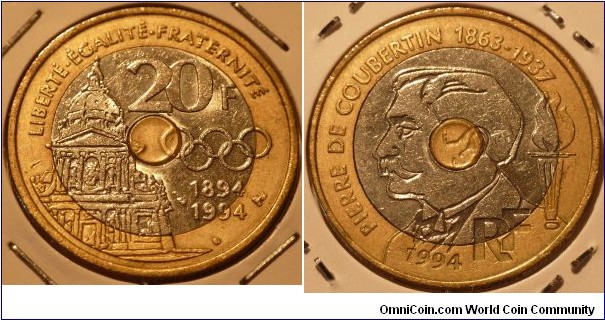 20 Francs, 'De Coubertin', Bimetal