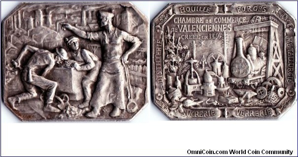 Jeton /medalet minted for the Chamber of Commerce at Valenciennes, France and highlighting the key industries of the town.