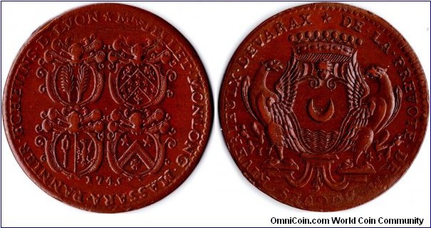 1745 dated copper jeton issued for the Mayor of Lyon. Obverse names the four sherrifs the reverse the mayor and his coat of arms. Poorly struck but with mint lustre.