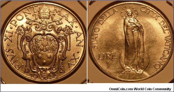 1 Lira, PIUS XI (Virgin Mary standing on globe and crescent)