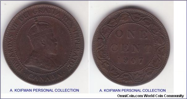 KM-8, 1907 Canada cent, Edward VII; bronze, plain edge; good very fine dark toned.