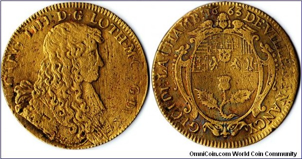 scarcer copper jeton minted in 1663 for the city of Nancy, Lorraine
