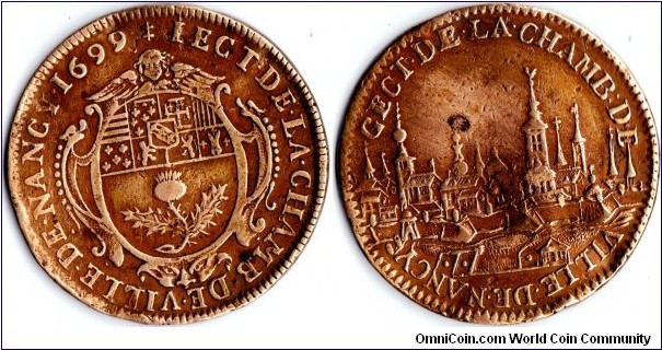 copper `city view' jeton iminted 1699 for the city of Nancy, Lorraine.