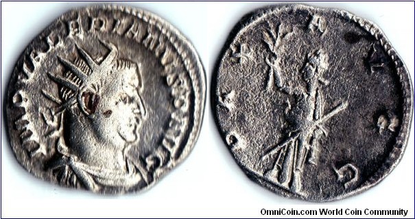 silver antoninianus of Valerian I (253-260 ad). Fairly decent silver. Pax reverse.
