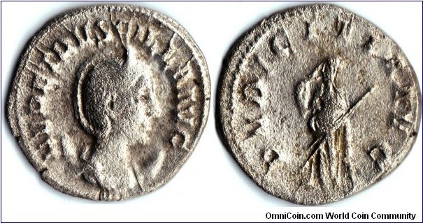silver antoninianus of Herennia Etruscilla, wife of Trajan Decius.