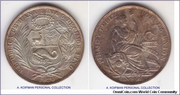 KM-218.2, 1930 Peru sol; silver, reeded edge; unusual mottled toning on this about uncirculated coin, scarcer date with just 76,000 mintage.