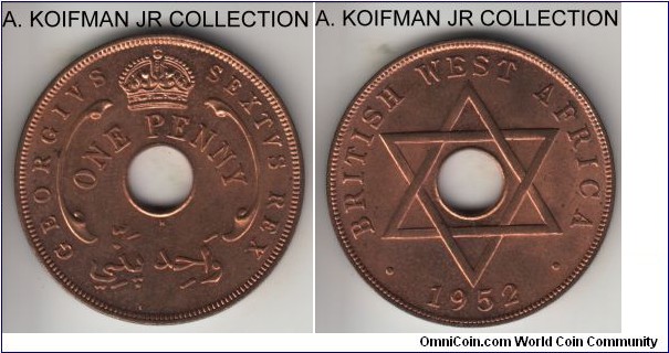 KM-30a, 1952 British West Africa penny, Heaton mint (H mintmark); bronze, plain edge; George VI last type and year, bright red uncirculated specimen.