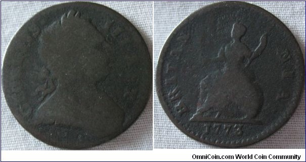 1773 farthing, decent reverse, worn obverse, 1773. type with legend smaller then usual making olvie brance points into space rather then at the N