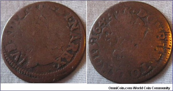 1643 K double tournais, worn but slightly off centre