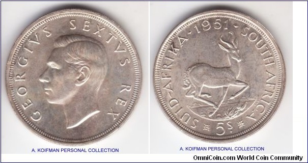 KM-40.2, 1951 South Africa (Dominion) 5 shillings; silver, reeded edge; nice uncirculated business or proof like strike